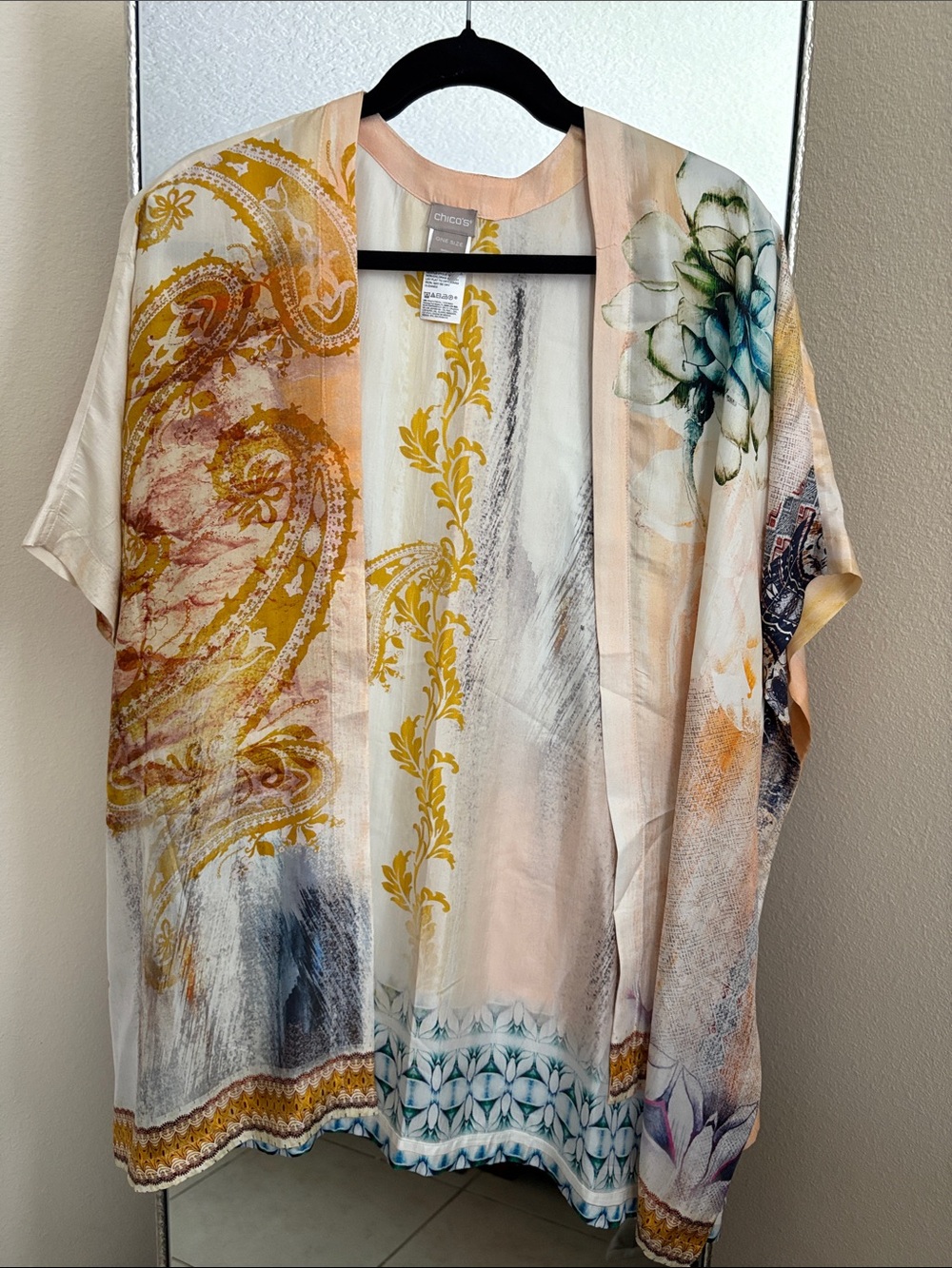 Chico's Cream Kimono 100%  silk  Gold & Teal Floral Paisley Print